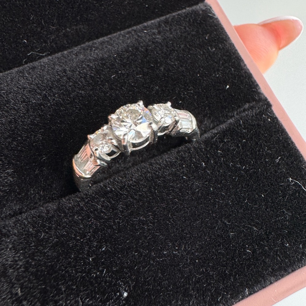 Classic Three-Stone Silver Engagement Ring with Side Baguettes - White